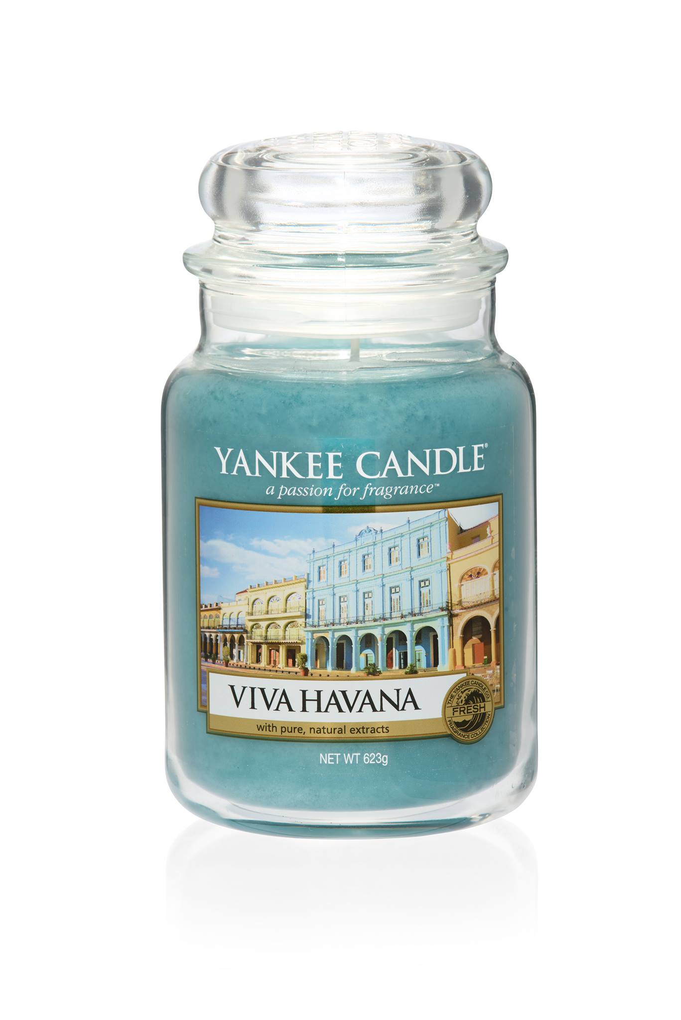A tall glass jar full of some sea blue coloured wax with a label that has yankee candle written in white writing, Viva Havana written in black writing and a picture of a bright beach on it, on a white background.