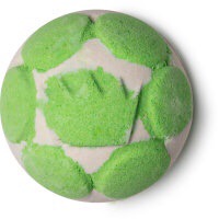 A deep grey coloured spherical bath bomb with some green hexagonal detailing all over it, on a white background.