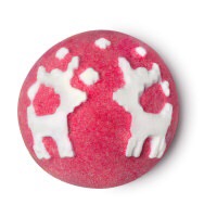 A shimmering bright red spherical bath bomb that has two white Reindeers engraved into the top of it, on a white background.