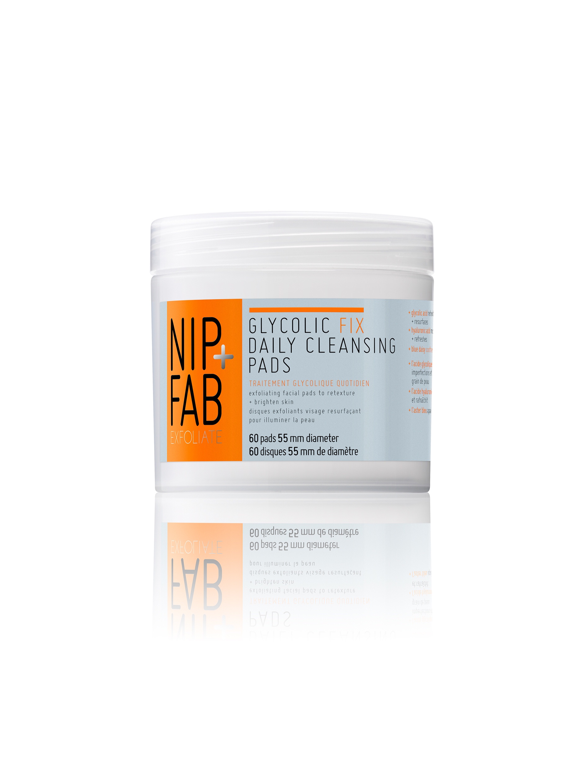 A cylindrical white plastic tub with a bright orange label that has nip + fab written in bold black capital writing and glycolic fix daily cleansing pads 60 pads written in smaller bold black writing on it, on a white background.