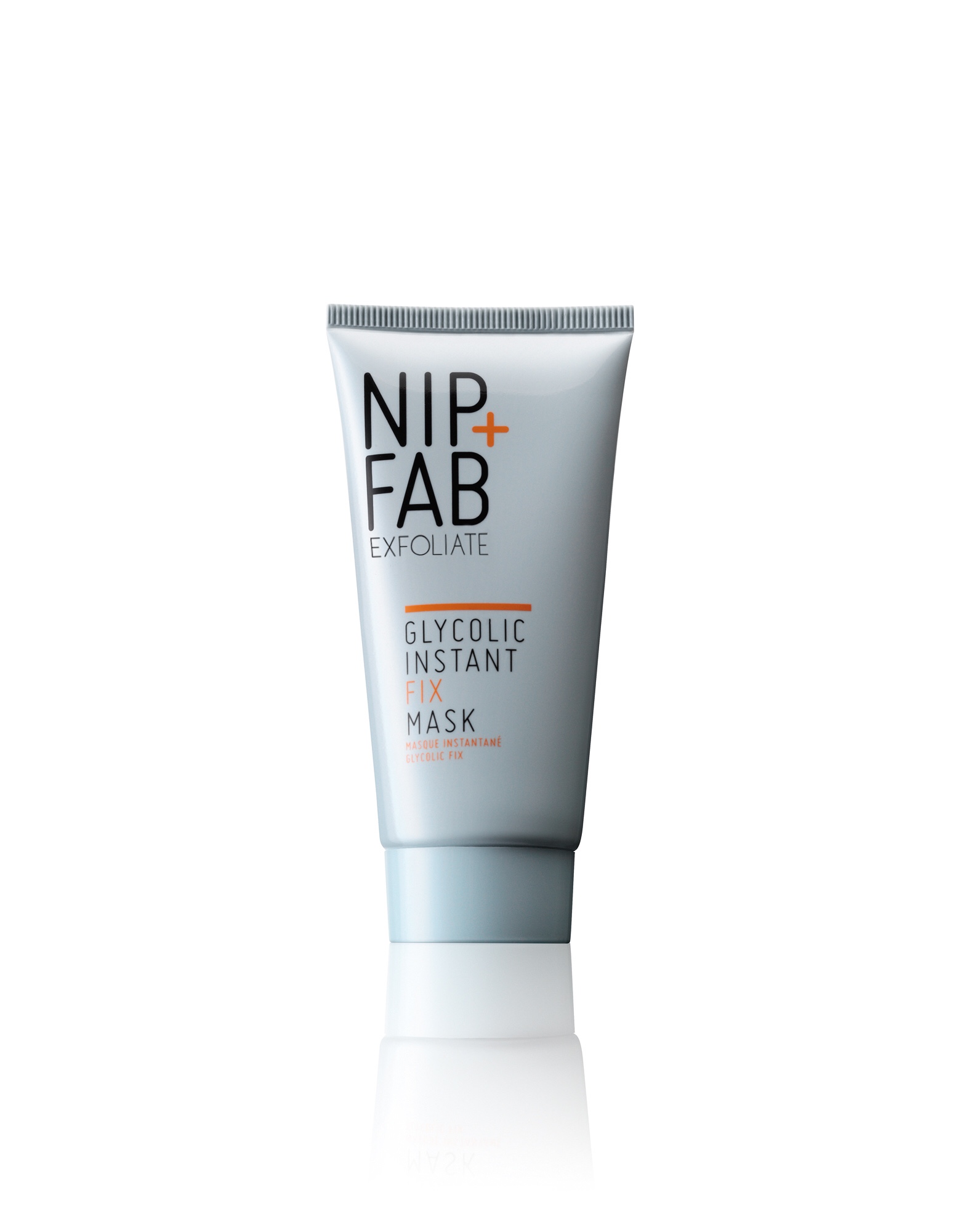 A silver triangular shaped tube with a silver lid that has Nip + Fab written in bold black capital writing and Glycolic Instant Fix Mask written in smaller bold black writing on it, on a white background.