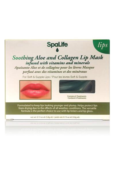 Sending You My Kiss | Spa Life Soothing Aloe & Collagen Lip Masks A rectangular white cardboard box that has spa Life written in medium black writing, soothing aloe & collagen lip masks written in italic black writing, infused with vitamins and minerals written in smaller black writing, and a picture of some pink Lips on it, on a white background.