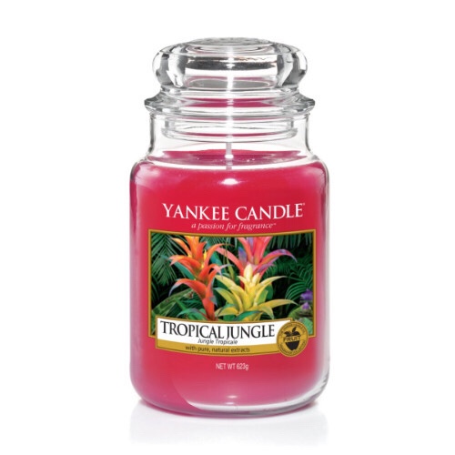 Pack Your Bags And Go | Yankee Candle Just Go Collection A tall glass jar full of some light Purple coloured wax with a label that has yankee candle written in black writing, Tropical Jungle written in black writing, and a picture of a bright pink jungle with some bright green leaves and bright pink and yellow flowers on it, on a bright background.