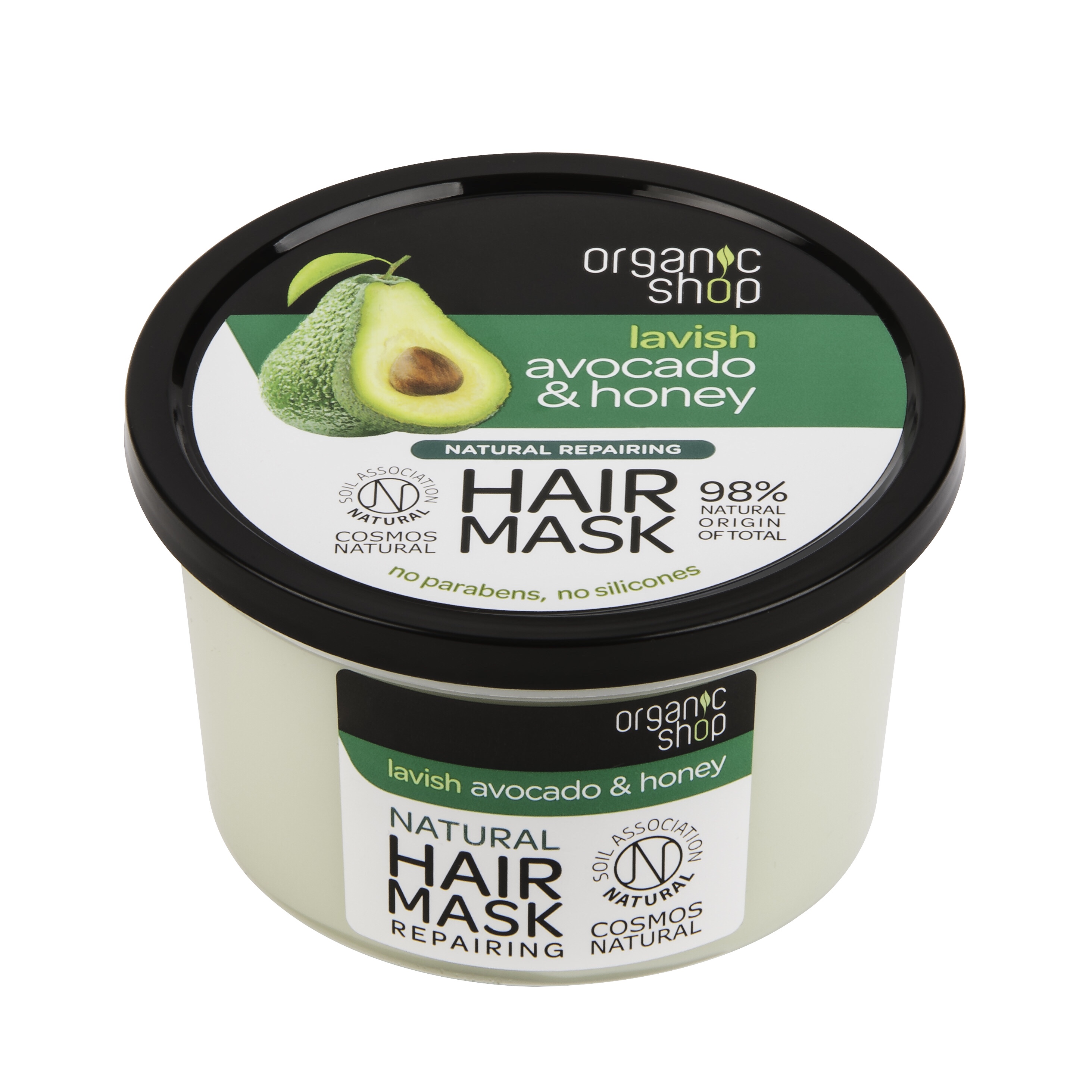 A short cylindrical plastic tub full of some white liquid with a black lid and a white and green label that has organic shop lavish Avocado & Honey natural repairing Hair Mask written in bold black writing and a picture of half an Avocado on it, on a white background.