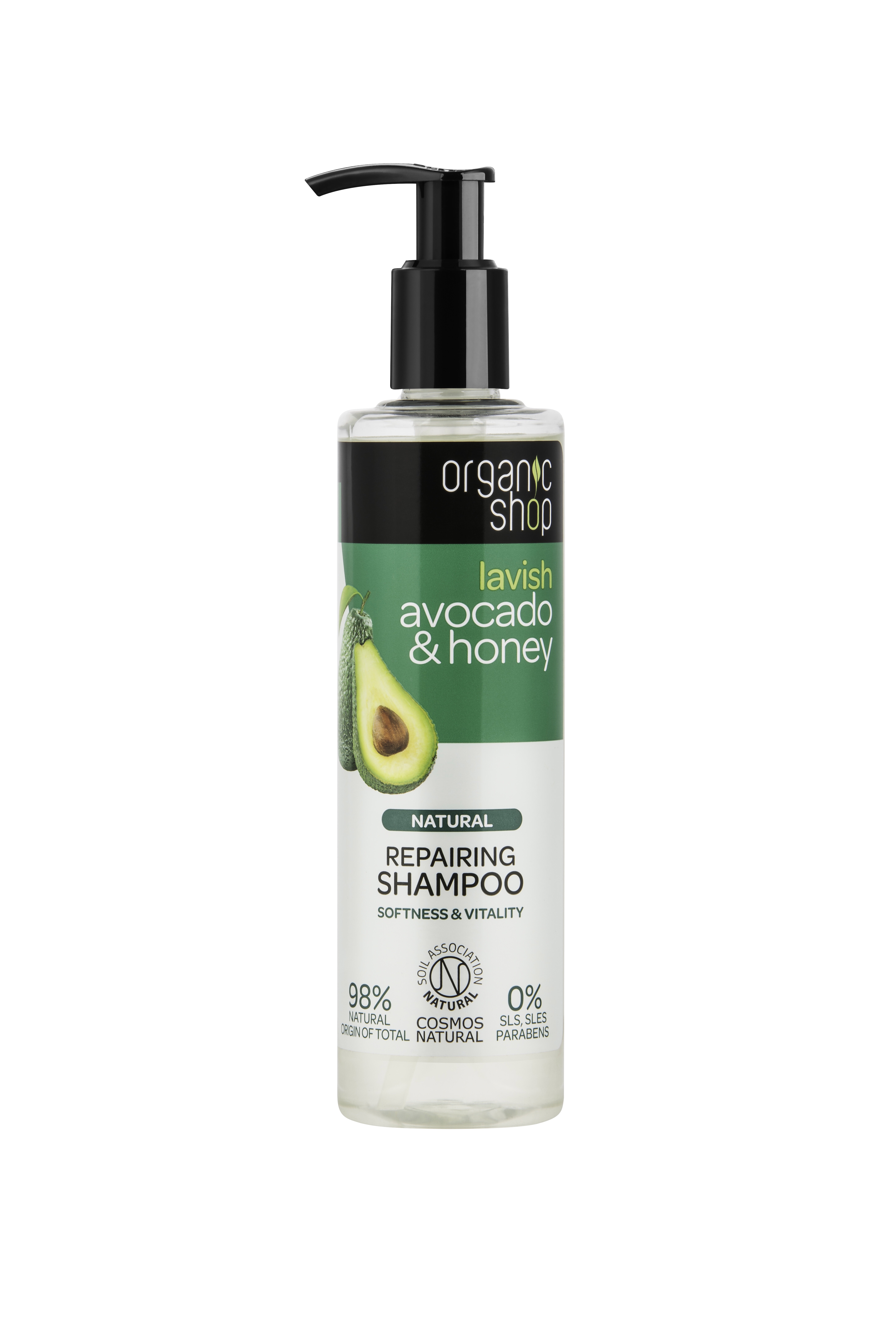 A tall cylindrical plastic bottle full of some white liquid with a black pump and a white and green label that has Organic Shop lavish avocado & Honey natural repairing Shampoo written in bold black writing and a picture of half an Avocado on it, on a white background.