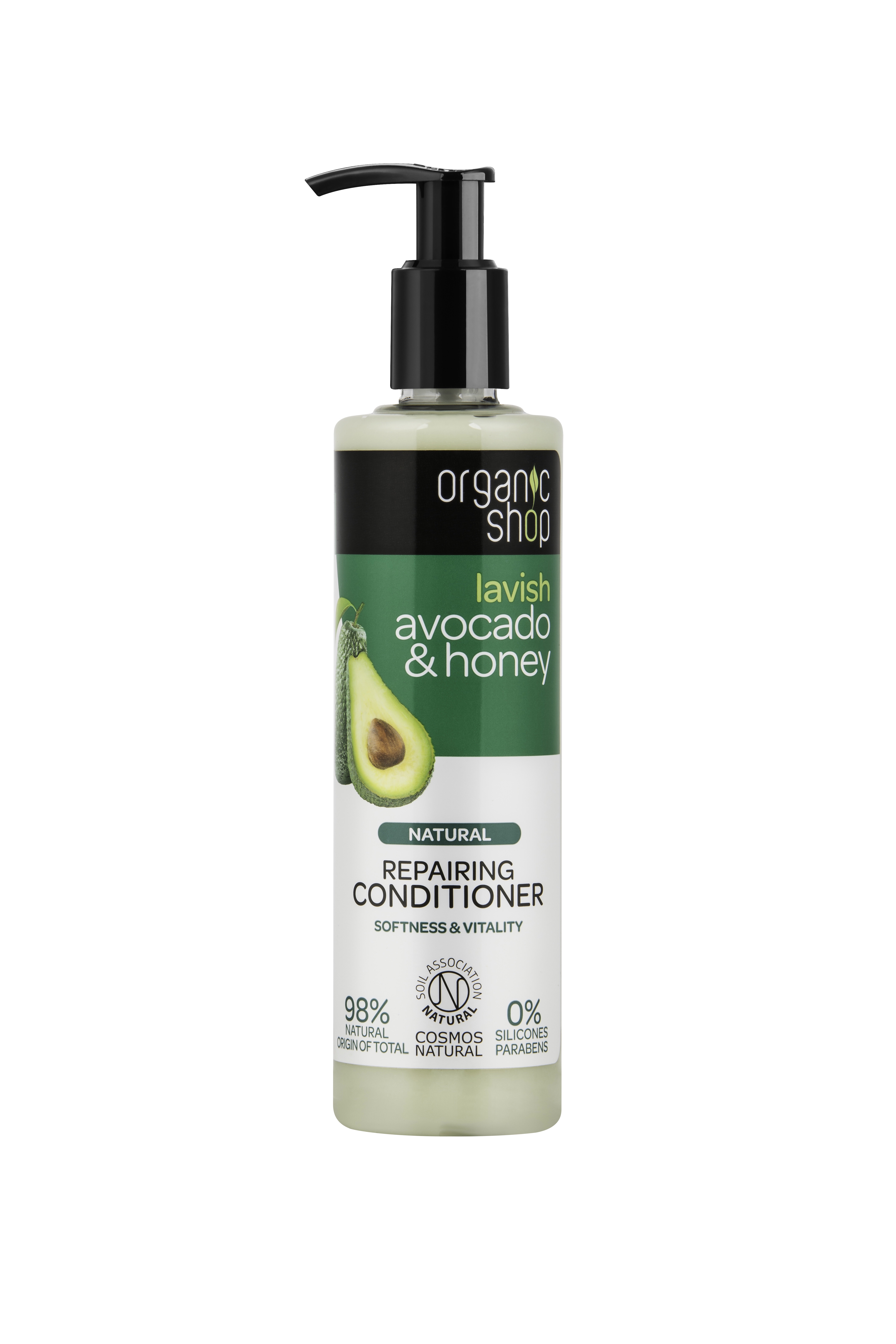 A tall cylindrical plastic bottle full of some white liquid with a black pump and a white and green label that has Organic Shop lavish Avocado & Honey natural repairing Conditioner and a picture of half an Avocado on it, on a white background.