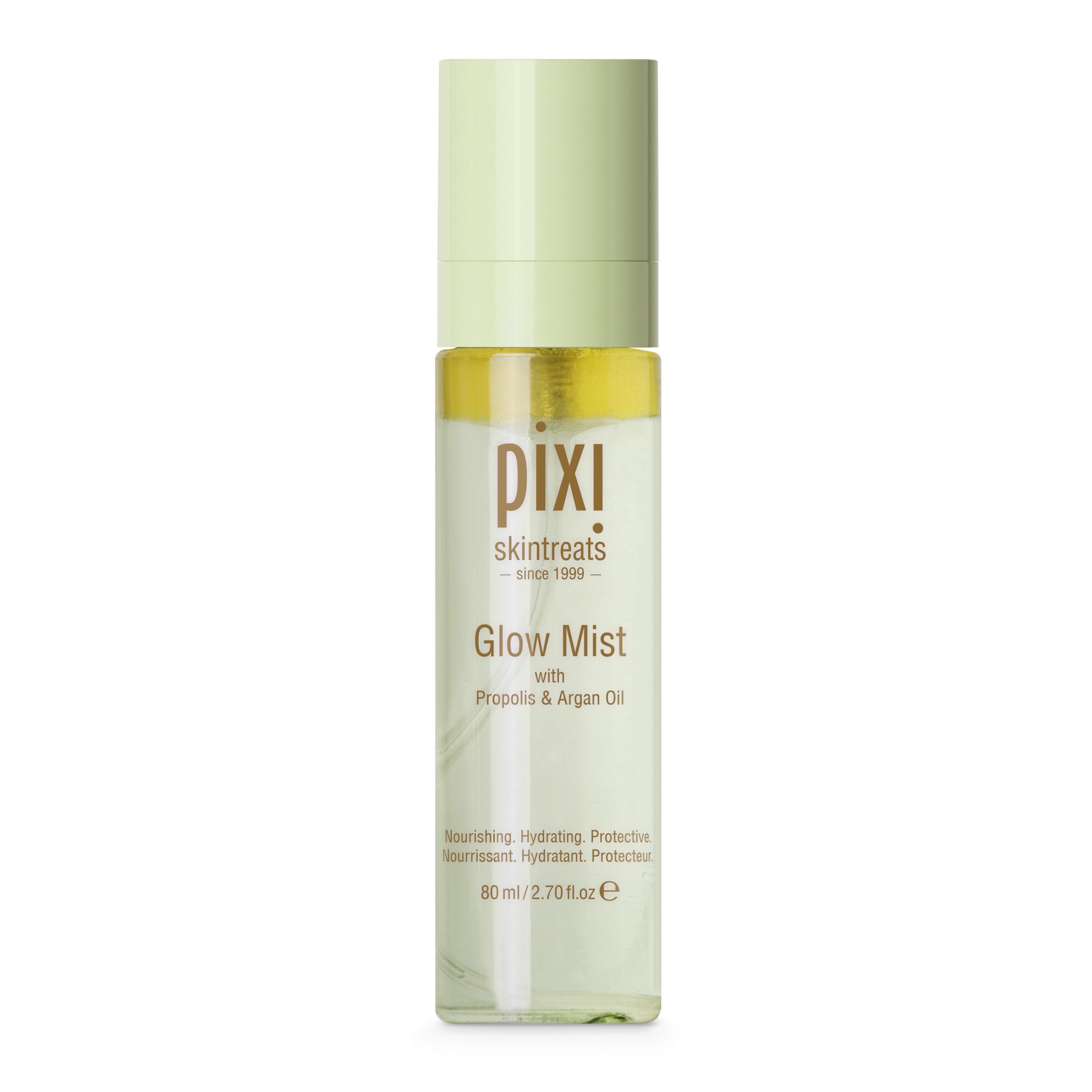 He'll Make Sure That I Glow | Pixi Glow Mist a tall thin cylindrical clear plastic bottle with a pale green lid and a label that has pixi skin treats since 1999 glow mist with propolis and Argan oil nourishing, hydrating, protective 80ml written in dark gold writing on it, on a white background.