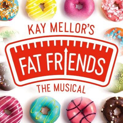 A poster that has kay mellor’s written in bold red writing, Fat Friends the musical written in bold white writing, a picture of some weighing scales and a border of some various different coloured iced doughnuts on it, on a white background.