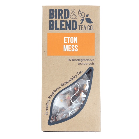 Tea Tastes Terrific | Bird and Blend Tea Company Summer 2018 Collection A tall rectangular brown cardboard box that has bird and blend tea company written in black writing and eaton mess Tea Bags written in white writing inside an orange box on it, on a white background.