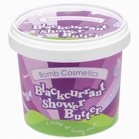 a short cylindrical gradient purple and pink plastic tub that has Bomb Cosmetics Blackcurrant Cleansing Shower Butter written in bold white writing on it, on a white background.