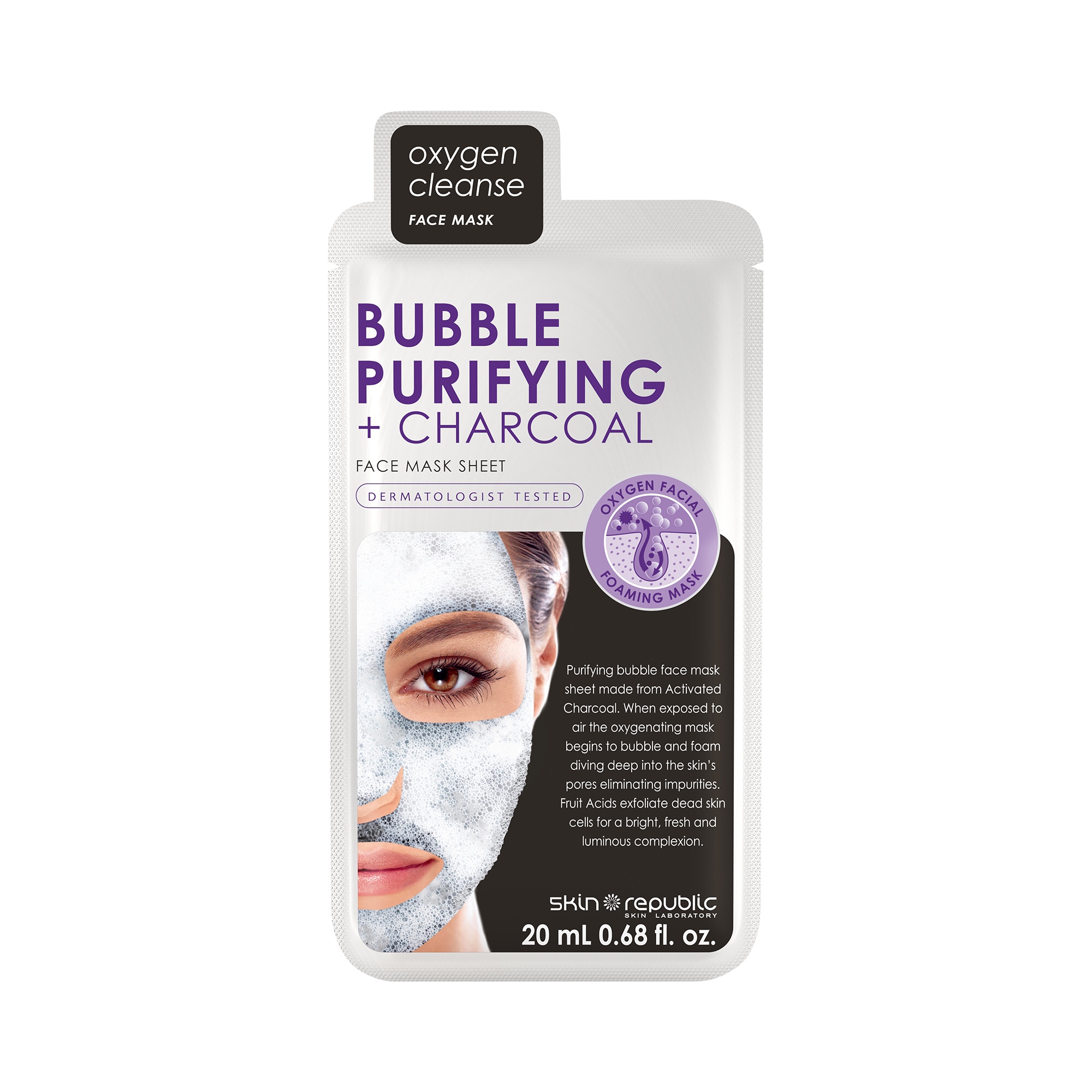 The Cleansing Effect Of Bubbles | Skin Republic Bubble Purifying Charcoal Face Mask A tall black and white plastic sachet that has Skin Republic Bubble Purifying Charcoal Face Mask written in bold Purple writing on it, on a white background.