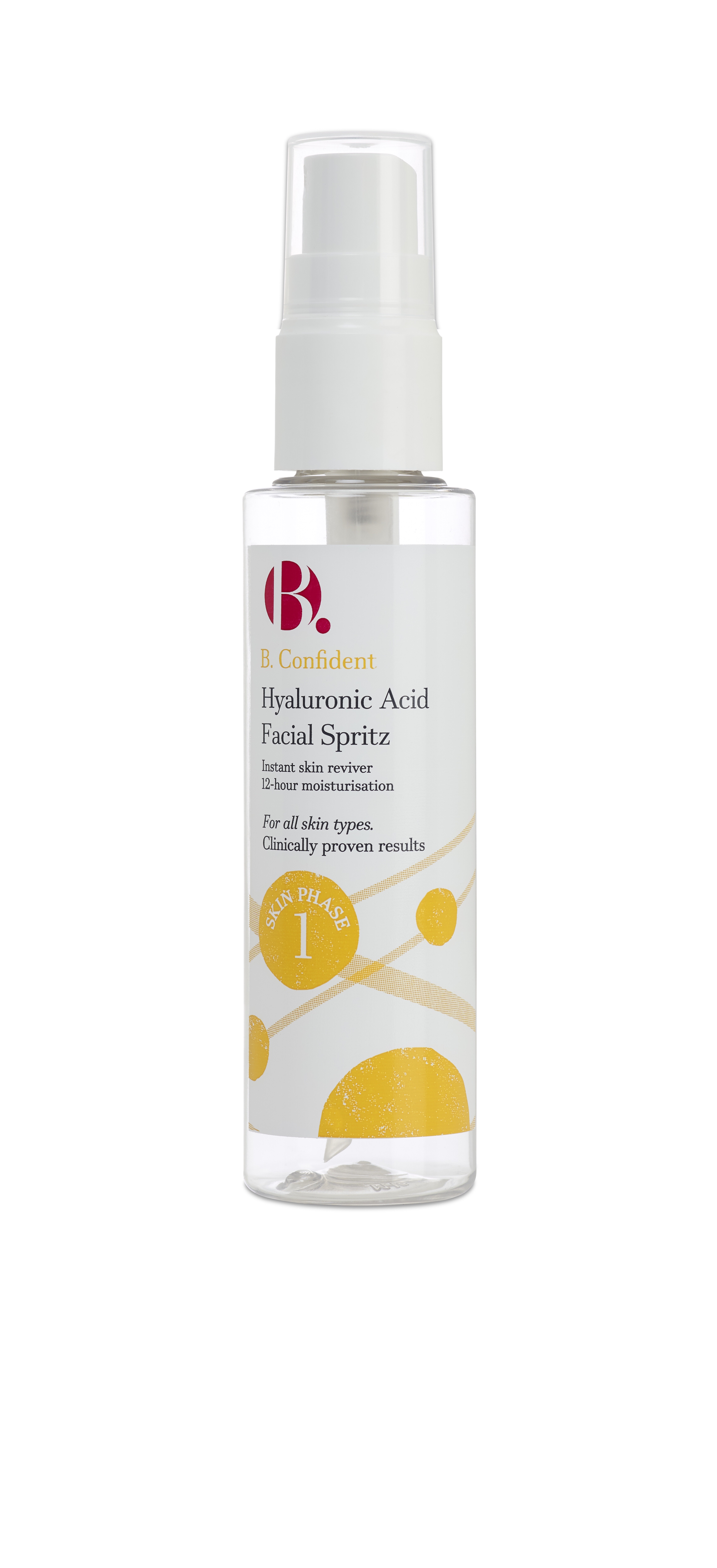 A tall cylindrical clear plastic spray bottle with a white and yellow label that has B. Hydrated Hyaluronic Acid Spritz written in black writing on it, on a white background.