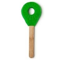 A large dark green hoop shaped bubble bar on the end of a large light wooden stick, on a white background.