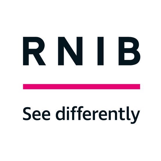 A bright Pink rectangular bar that has RNIB written in Bold Black Capital writing above it and See Differently written in bold black writing below it, on a white background.