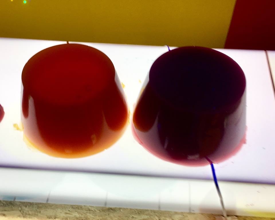 A large cylindrical block of red Shower Jelly and a large cylindrical block of green shower jelly on a silver table, on a white background.