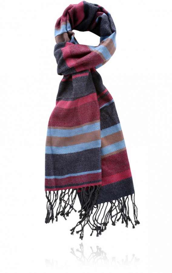 A long Burgundy, brown and light blue striped silk scarf, on a white background.