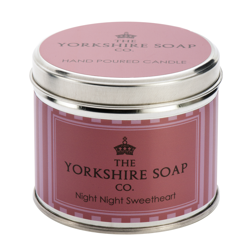 Good Night Sweetheart, Still My Love Will Guide You | The Yorkshire Soap Company Night Night Sweetheart Tin Candle A short Silver Tin with a label that has The Yorkshire Soap Company Night Night Sweetheart Tin Candle written in bold black writing and a picture of a pink crown on it, on a white background.