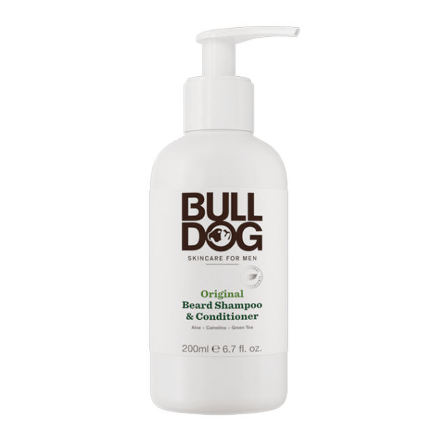 A tall cylindrical White Plastic Bottle that has bulldog skincare written in bold black writing and Original Beard Shampoo & Conditioner written in bright green writing on it, on a white background.