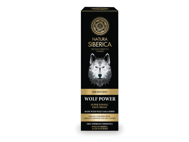 And I'm Toned Like The Wolf | Natura Siberica Men's Wolf Power Super Toning Face Cream | Gifted A tall rectangular brown cardboard box that has Natura Siberica Men's Wolf Power Super Toning Face Cream written in bold gold writing and a picture of a grey Wolf's Head on it, on a white background.