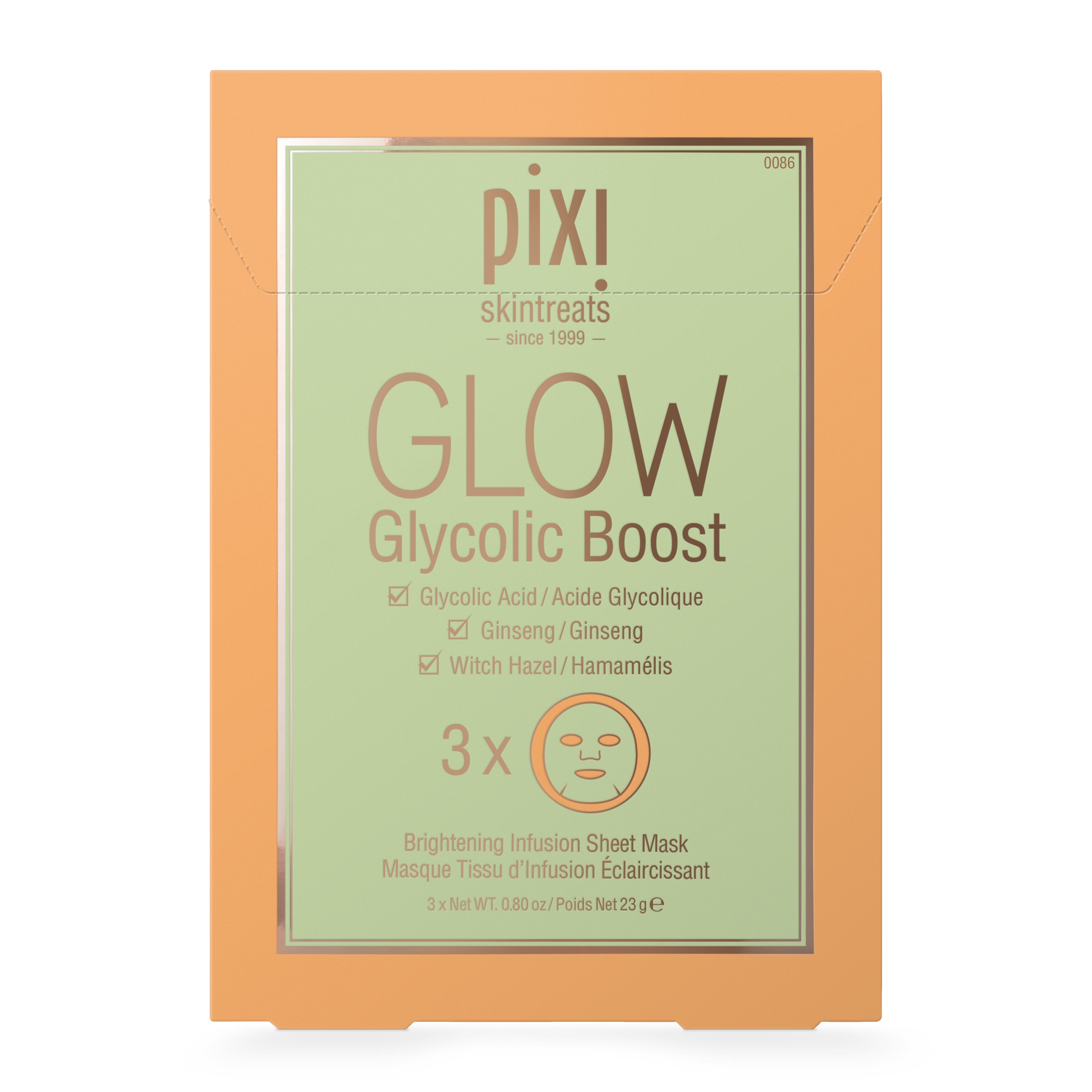 A Boost To Your Glowing Wings | Pixi Glow Glycolic Boost A tall rectangular gold cardboard box with a green label that has Pixi Glow Glycolic Boost three masks written in bold black writing on it, on a white background.