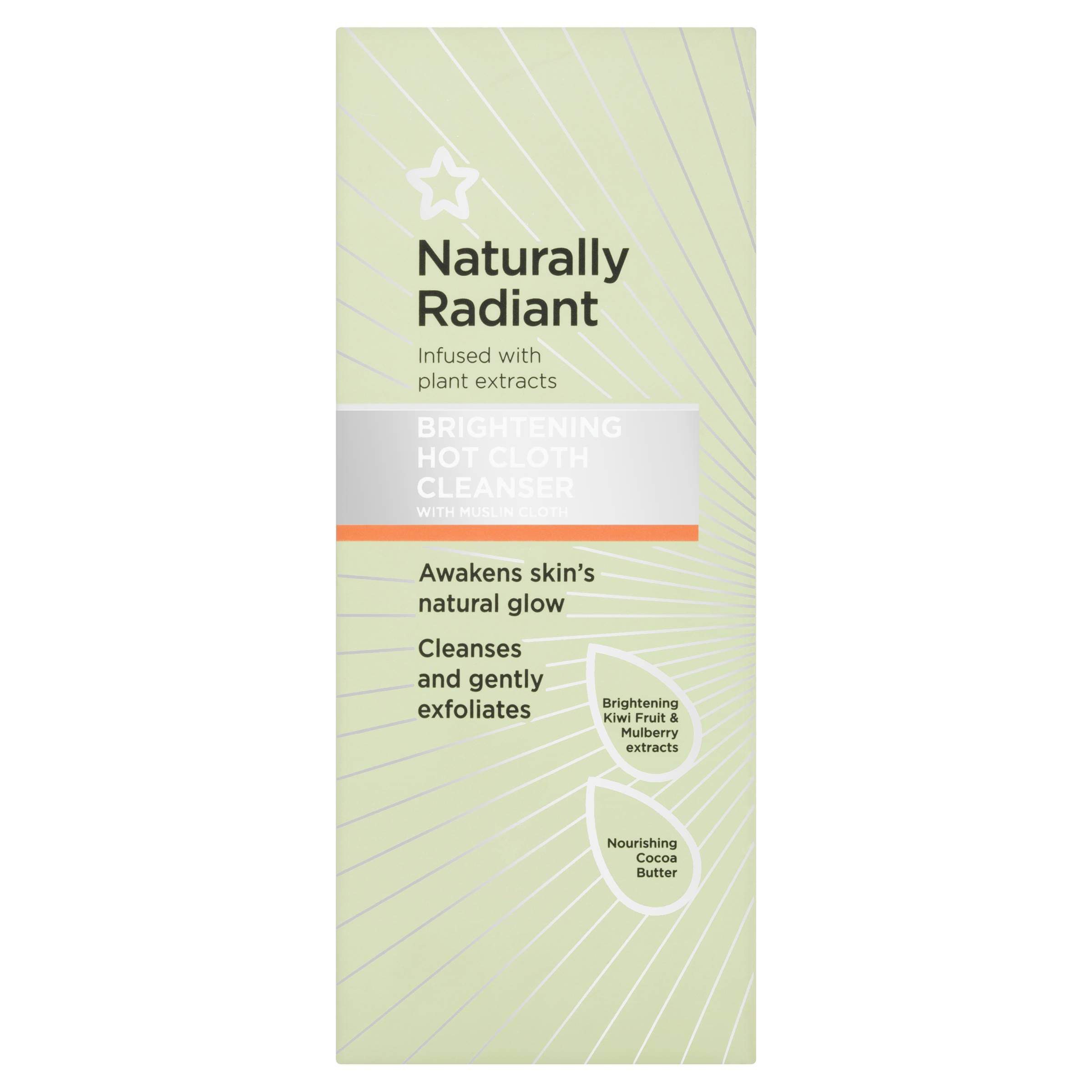 A tall rectangular light green Cardboard Box with a Silver label that has Superdrug Naturally Radiant Hot Cloth Face Cleanser written in bold black writing on it, on a white background.