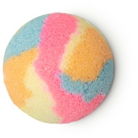 A semi-circular block of rainbow coloured Sugar, on a white background.