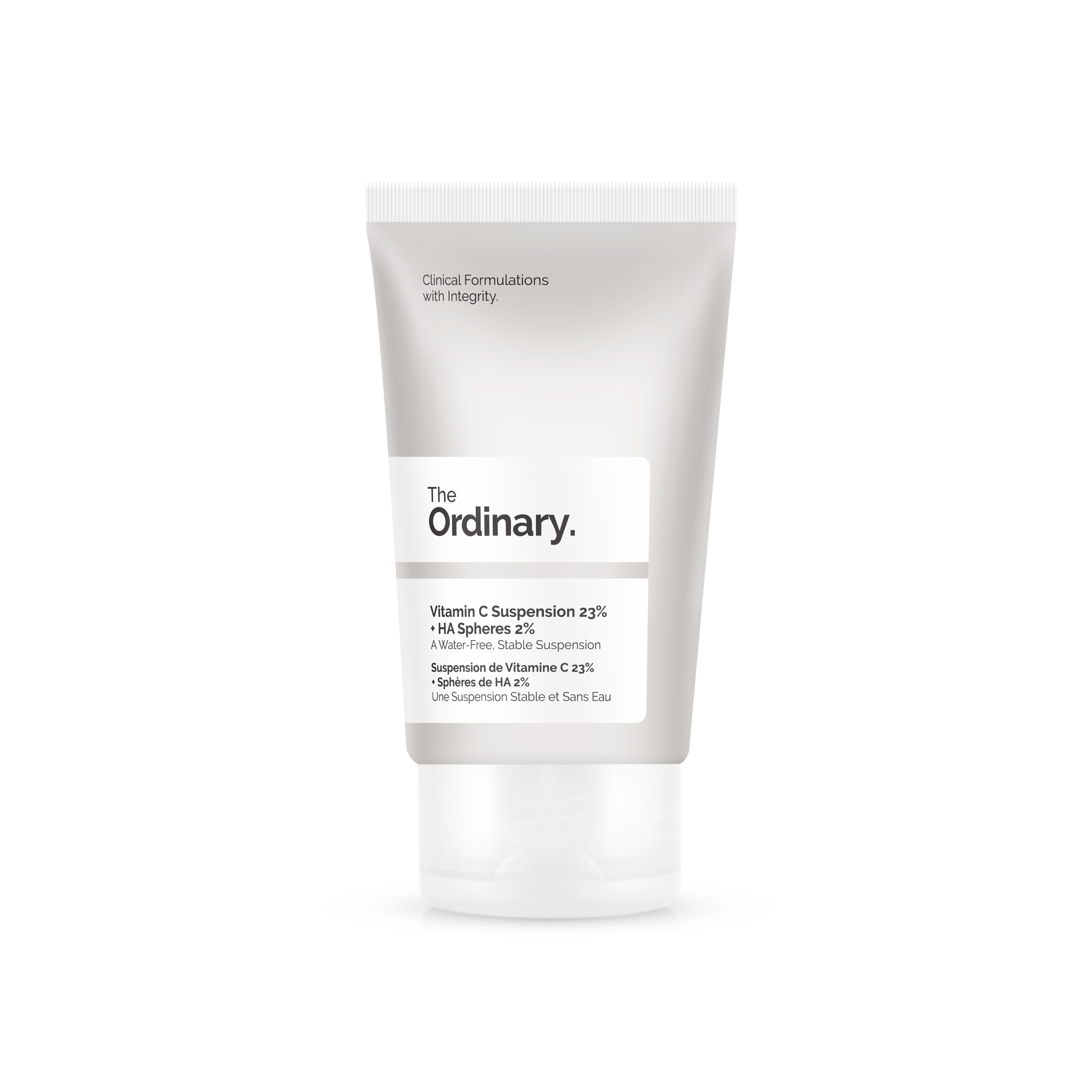 This Is No Ordinary Vitamin C | The Ordinary Vitamin C Suspension 23% + HA Spheres 2% A short flat conical dark white tube with a white label that has the ordinary vitamin see suspension 23% + HA Spears 2% written in bold black writing on it, on a white background.