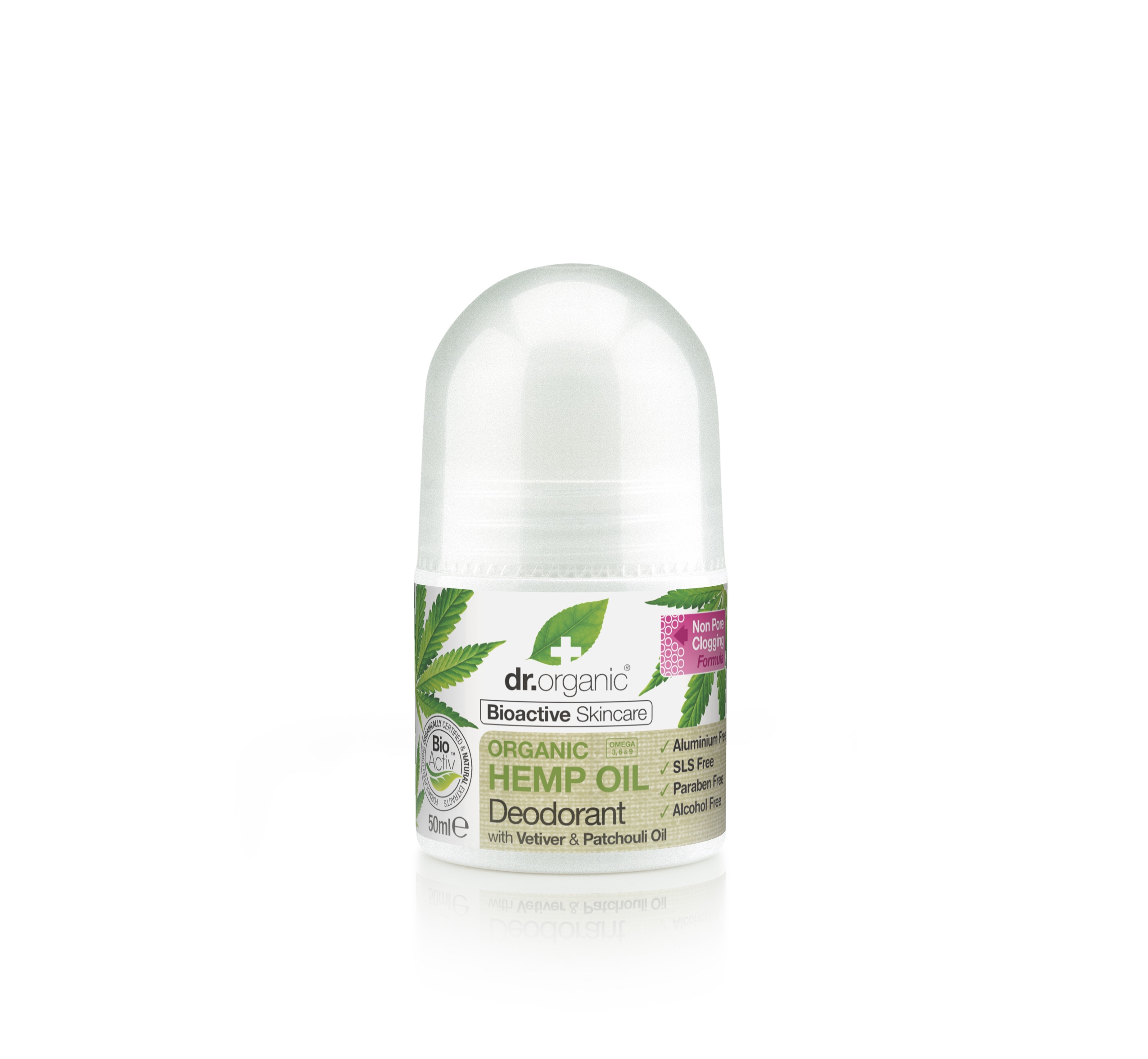 A short cylindrical White Plastic Roller Ball Bottle with a clear lid and a white label that has Dr Organic Hemp Oil Deodorant written in bright green writing and some pictures of some leaves on it, on a white background.