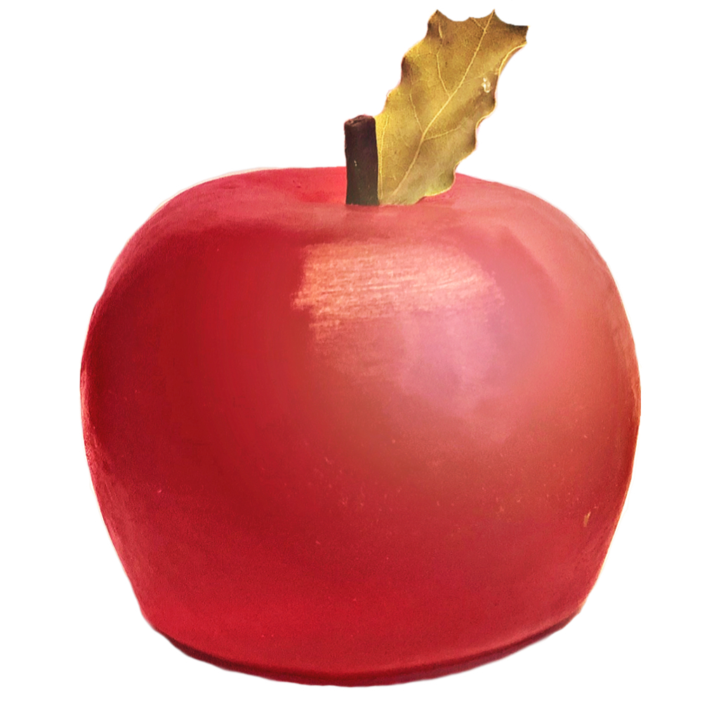 A large bright red apple shaped block of Soap with a light brown stork and a bright green leaf on a light wooden table, on a white background.