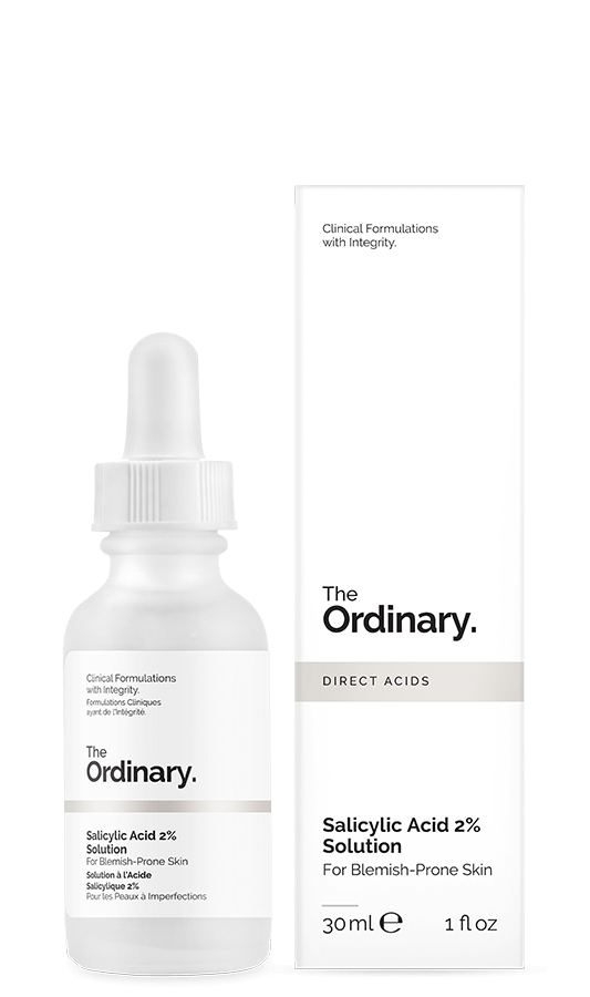 A short cylindrical clear glass Bottle with a white pipette lid full of some bright white liquid with a white label that has the ordinary salicylic acid 2% solution written in bold black writing on it, on a white background.