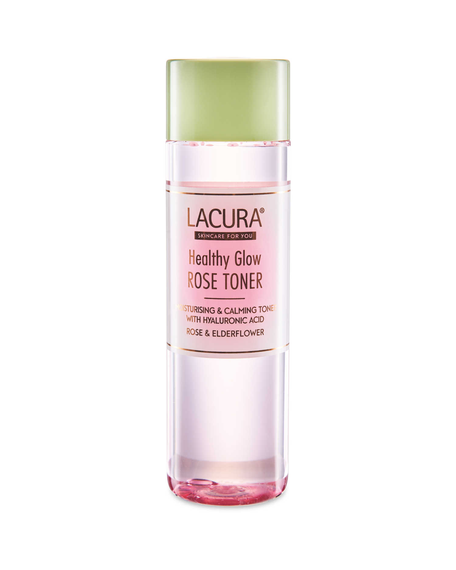 Rose Always Works A Charm | Aldi Lacura Vitamin C Hot Cloth Cleanser, Rose Tonic & Rose Facial Oil A tall cylindrical clear plastic bottle full of some translucent pink liquid with a bright green lid that has Aldi Lacura Rose Tonic written in bold black writing on it, on a white background.