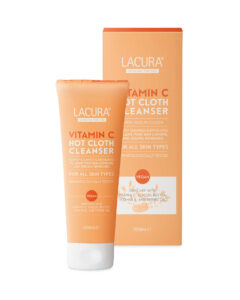 A tall conical bright orange plastic tube with a bright white lid that has Aldi Lacura Vitamin C Hot Cloth Cleanser written in bold white writing on it next to a tall bright orange cardboard box that has Aldi Lacura Vitamin C Hot Cloth Cleanser written in bold white writing on it, on a white background.