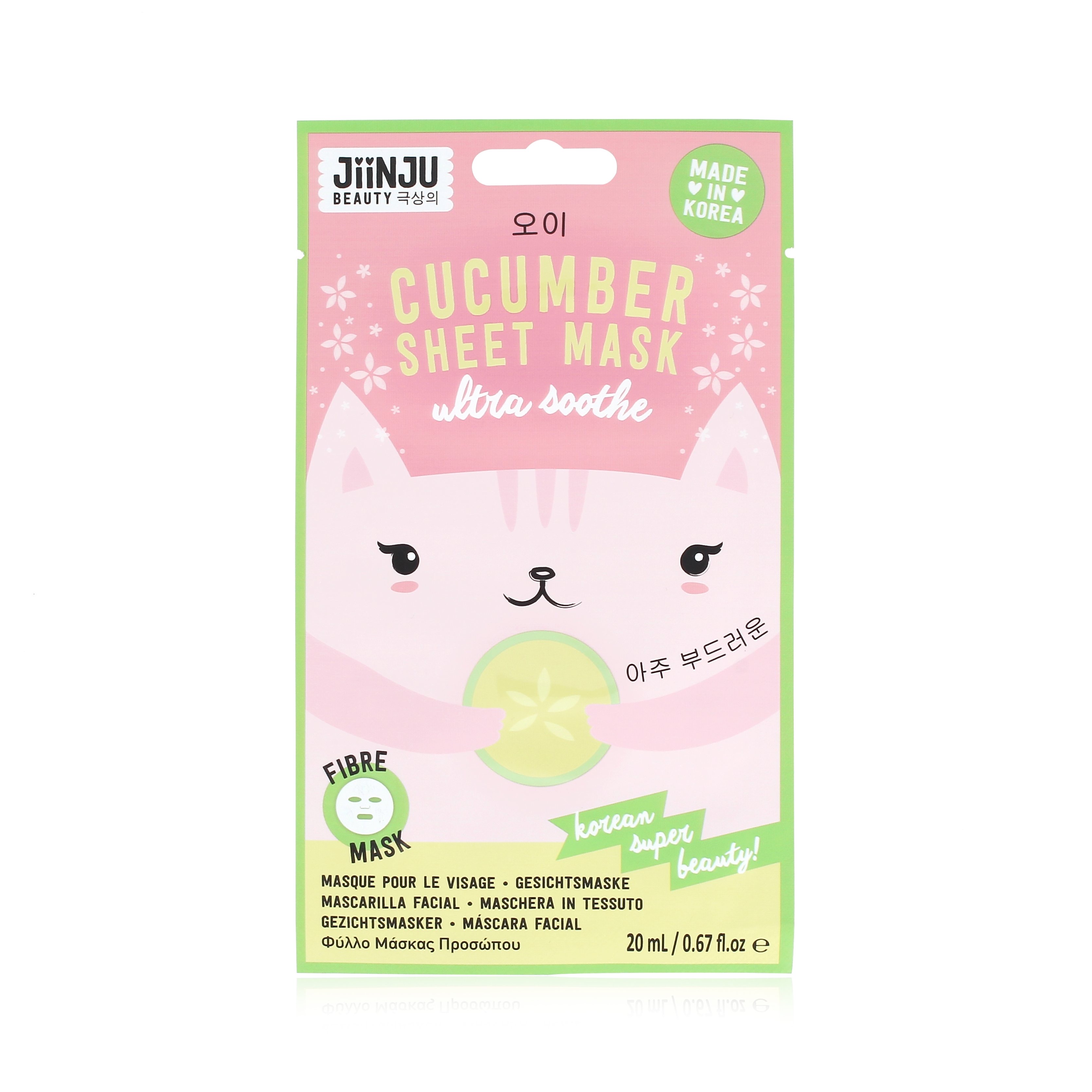 A tall rectangular pink and green plastic pouch that has Jiinju written in bold black writing, cucumber sheet mask written in bold green writing, and a picture of a bright pink Cat’s Head on it, on a white background.