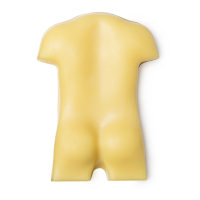 A large bright yellow body shaped massage bar, on a white background.