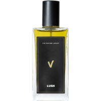 Flipping The V | Lush V Perfume A short and wide rectangular black glass bottle full of some dark orange liquid with a cylindrical black lid and a black label that has Lush V Perfume written in bold gold writing on it, on a white background.
