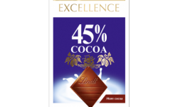 A tall rectangular dark purple and white cardboard box that has Lindt written in bold gold writing, Excellence Milk 45% Cocoa written in bold white writing, and a picture of a square piece of chocolate on it, on a white background.