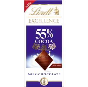 A tall rectangular dark purple and white cardboard box that has Lindt written in bold gold writing, Excellence Milk 55% Cocoa written in bold white writing, and a picture of a square piece of chocolate on it, on a white background.