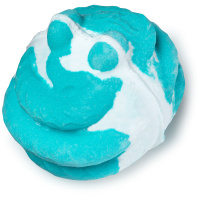 A large spherical bright blue and white bath bomb that has some bumps and grooves all over it, on a white background.