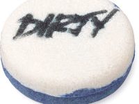 A small dark blue and white circular Shampoo Bar that has Dirty written in dark blue writing on it, on a white background.
