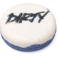 One Very Dirty Daddy | Lush Father's Day 2020 Range A small dark blue and white circular Shampoo Bar that has Dirty written in dark blue writing on it, on a white background.
