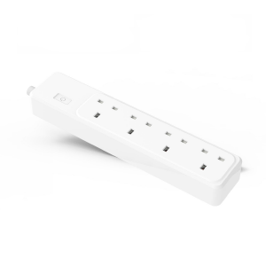 A long rectangular plug socket extension lead that has four plug sockets in it, on a white background.