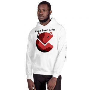 A tall black man wearing a bright white hoodie that has Papa Bear Gifts written in bold black writing and an abstract drawing of a Red Fox on it, on a white background.