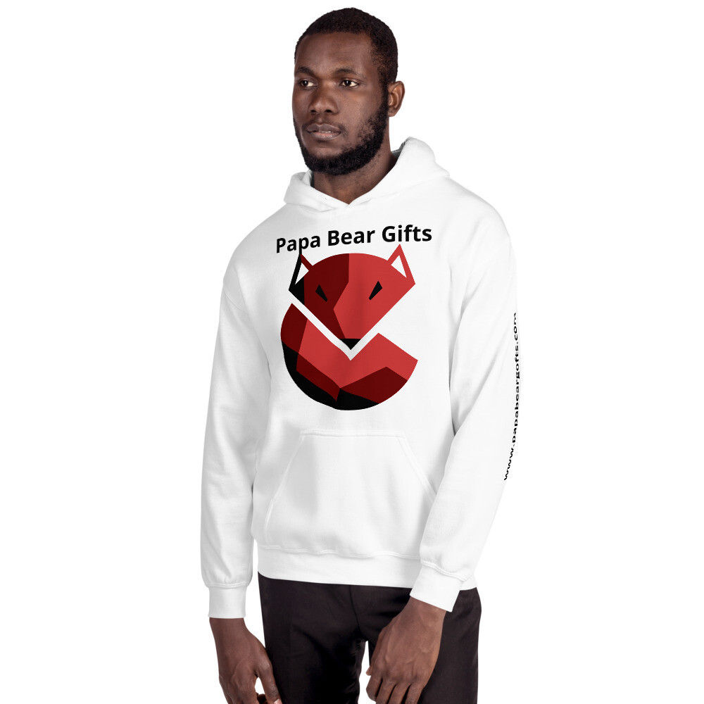 His Special Day | Father's Day Gift Guide 2020 | Gifted A tall black man wearing a bright white hoodie that has Papa Bear Gifts written in bold black writing and an abstract drawing of a Red Fox on it, on a white background.