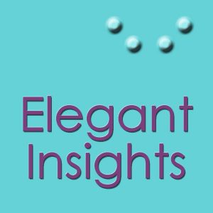 A dark purple rectangle that has Elegant Insights written in bold blue writing and a picture of some metallic blue braille dots on it, on a white background.