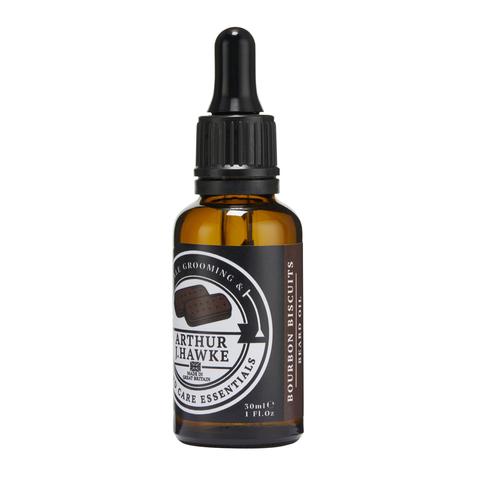 Dunking My Beard Into My Cup Of Tea | Arthur J Hawke Bourbon Biscuits Beard Oil A short cylindrical dark green glass bottle with a black rubber pipette lid and a black label that has Arthur J Hawke Bourbon Biscuits Beard Oil written in bold white writing on it, on a white background.