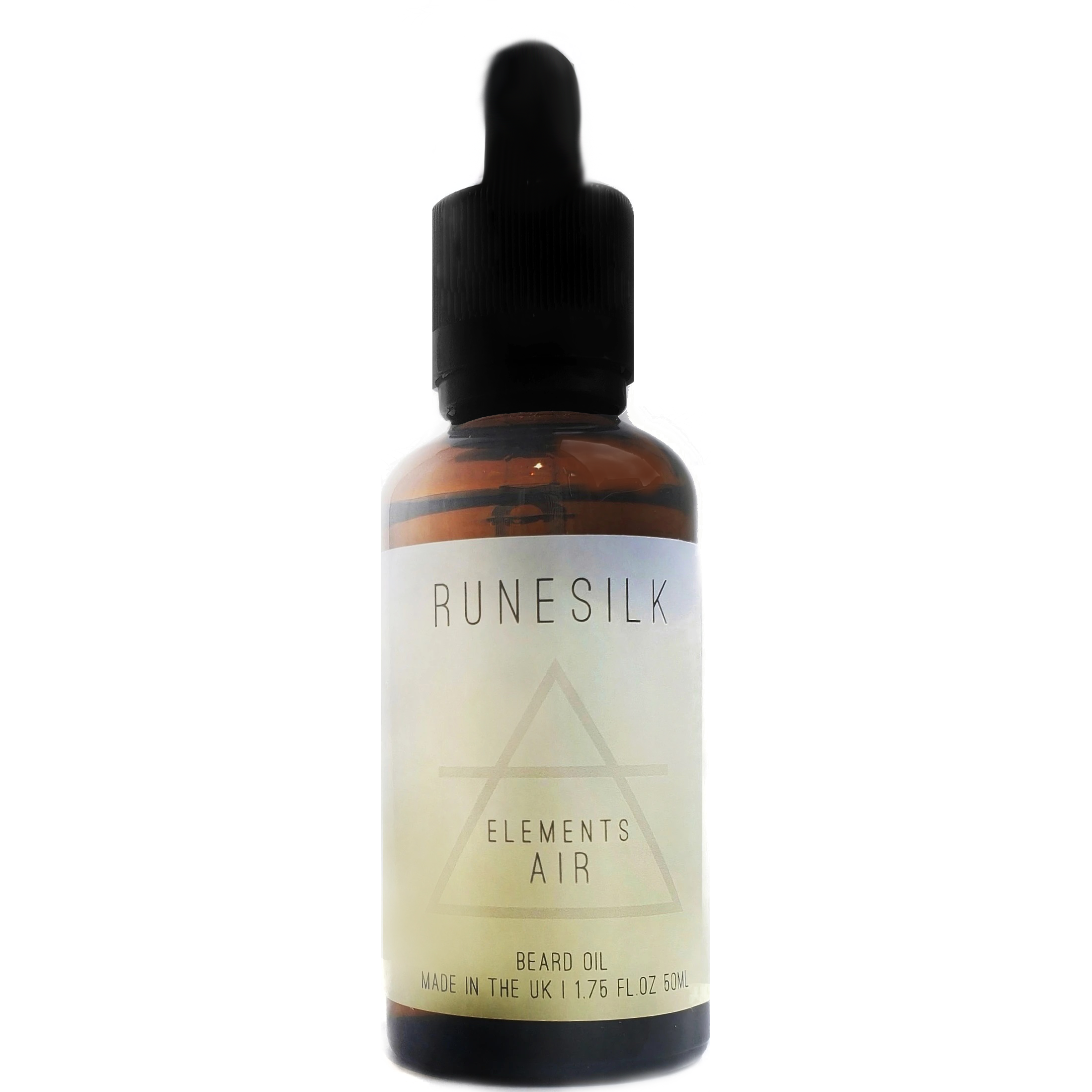 The Feeling Of Air Flowing Through My Beard | Runesilk Elements Air Beard Balm & Beard Oil A short cylindrical brown glass bottle with a black rubber pipette lid and a white and gradient light blue label that has runesilk elements Air beard oil written in bold black writing and a picture of a light blue triangle on it, on a white background.