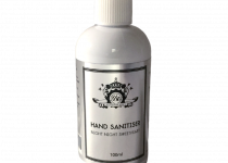 A short cylindrical Black Plastic Bottle with a Silver label that has The Yorkshire Soap Company Night Night Sweetheart Hand Sanitiser written in bold black writing on it, on a white background.