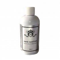 A short cylindrical Black Plastic Bottle with a Silver label that has The Yorkshire Soap Company Night Night Sweetheart Hand Sanitiser written in bold black writing on it, on a white background.