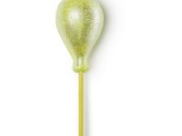 A large bright silver balloon shaped bubble bar that’s covered in some silver lustre and has a silver stick coming out of the bottom of it, on a white background.