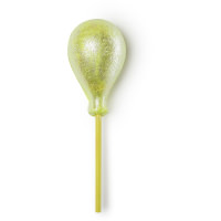 A large bright silver balloon shaped bubble bar that’s covered in some silver lustre and has a silver stick coming out of the bottom of it, on a white background.